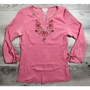GW Jeans Co Long Sleeve Boho Embroidered  Shirt Womens Small Keyhole Neckline